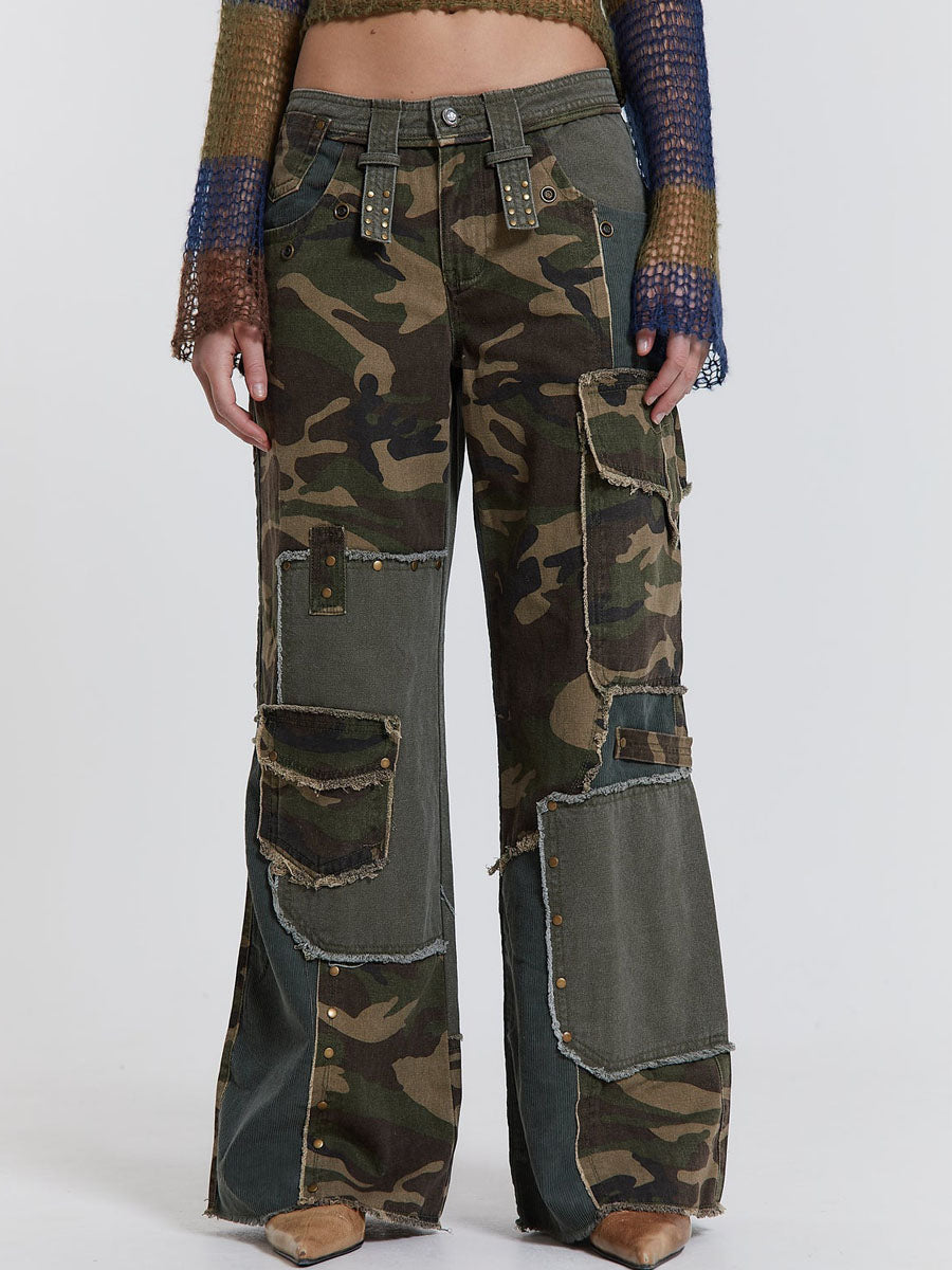 Patchwork Camouflage Print Pocket Crane Pants