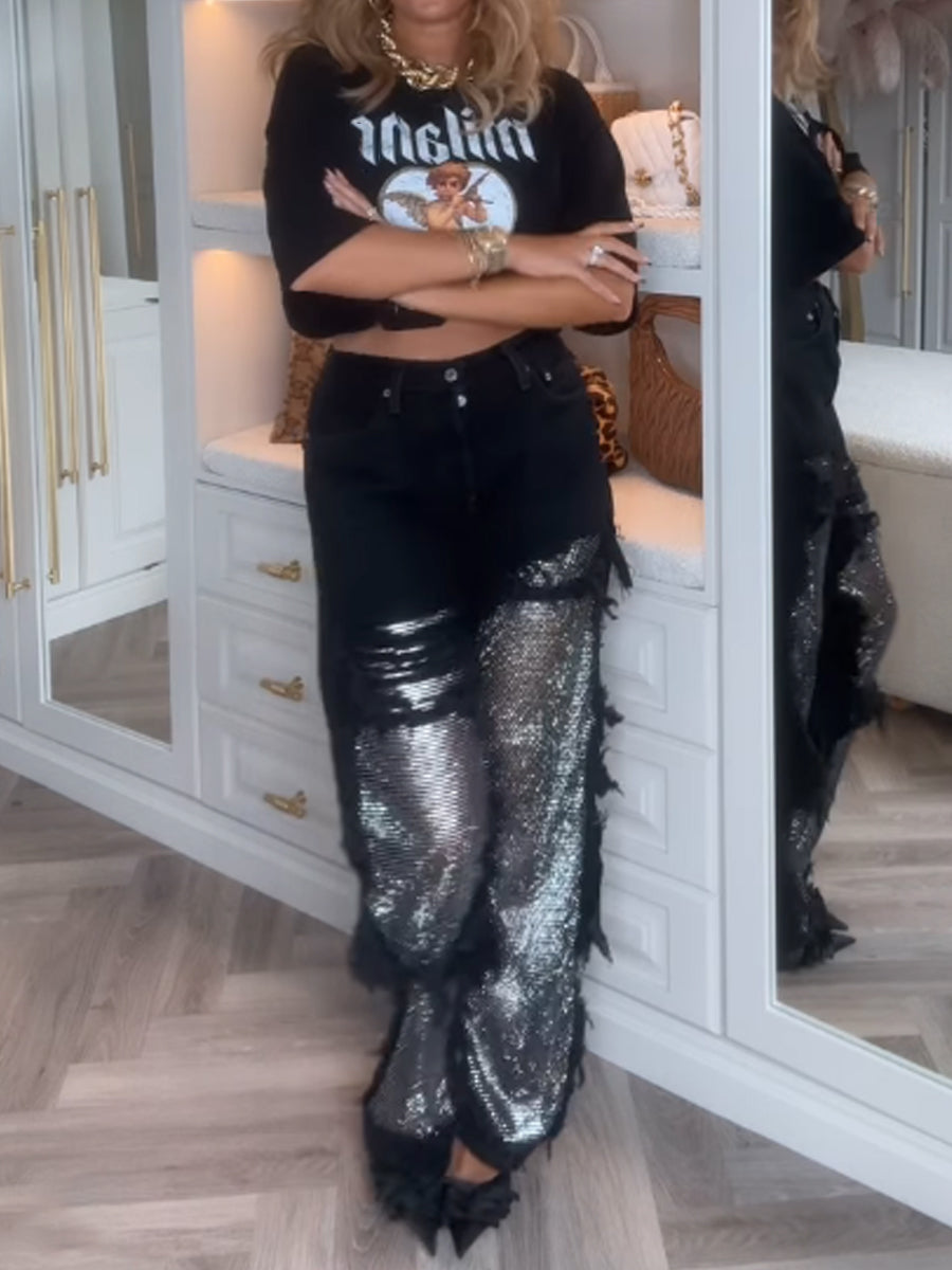 High Waist Dressed Raking Mesh Stitching Straight Pants