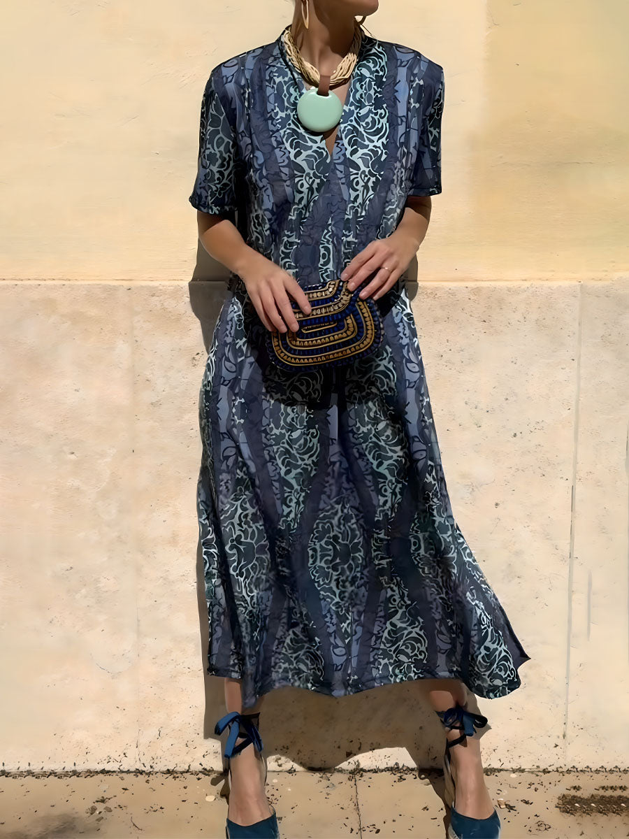Printed V Neck Short Sleeve Dress