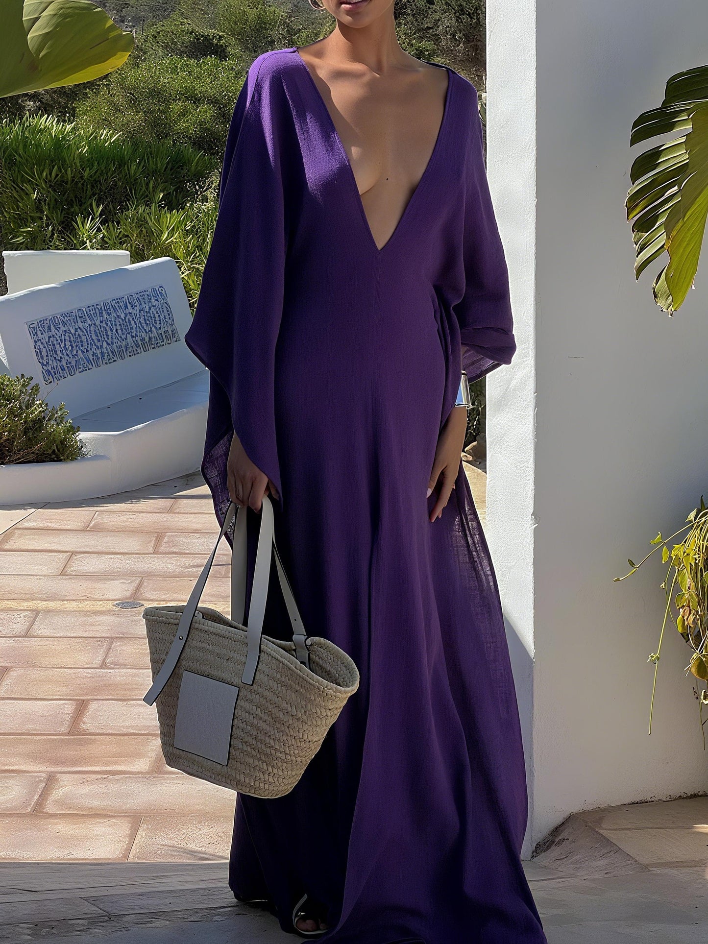 Elegant Purple Deep V - Neck and Side Slit Robe Maxi Dress