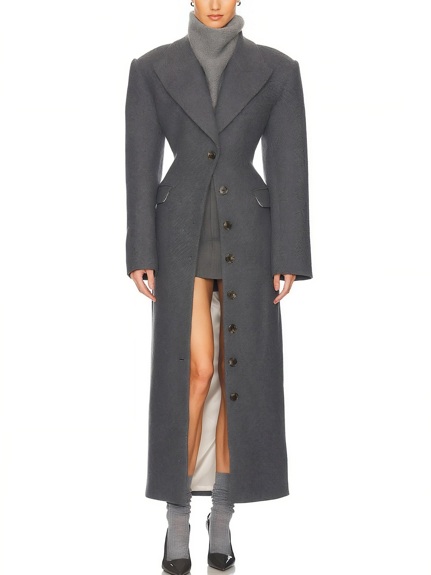 Elegant Grey Woolen Long Coat