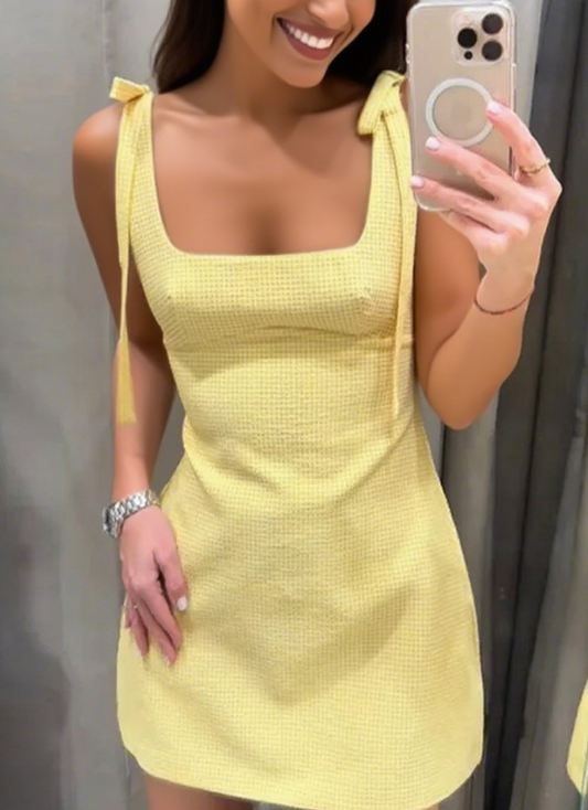 Charming Yellow Checkered Strappy Sundress