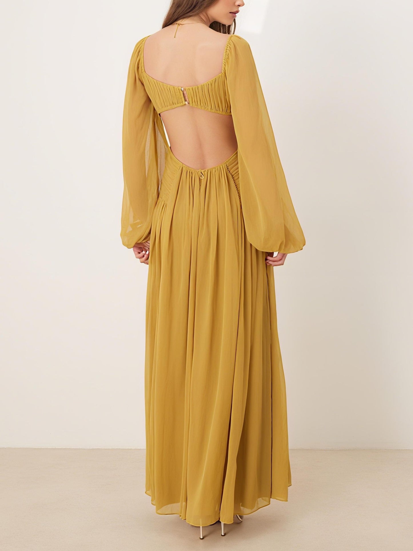Long Sleeve Cut Out Maxi Dress With Ruched Skirt
