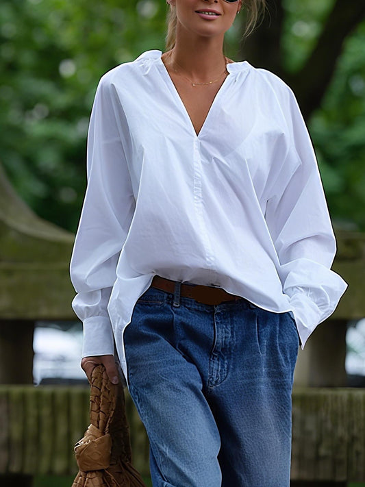 Stylish White V - Neck Blouse