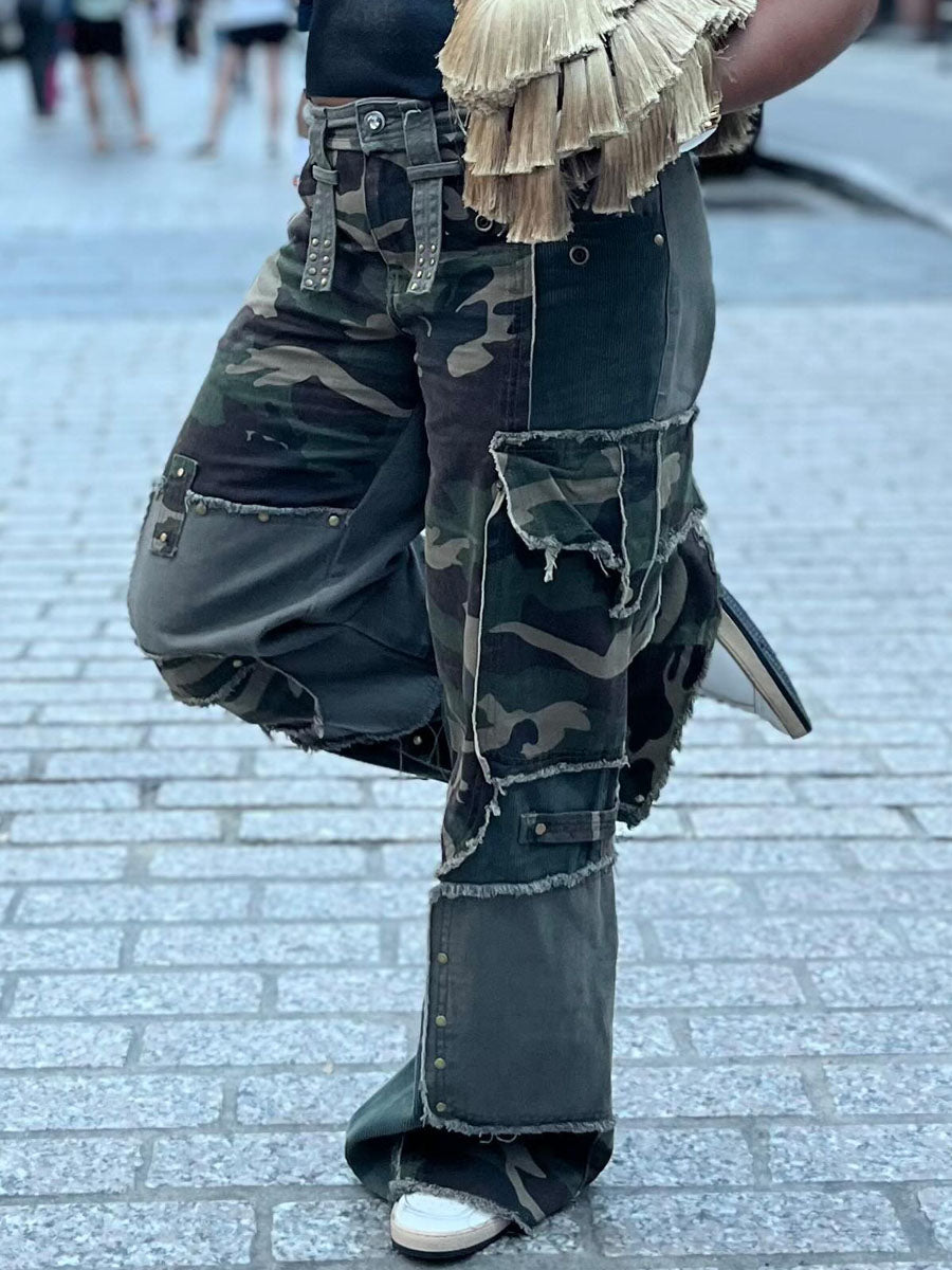 Patchwork Camouflage Print Pocket Crane Pants