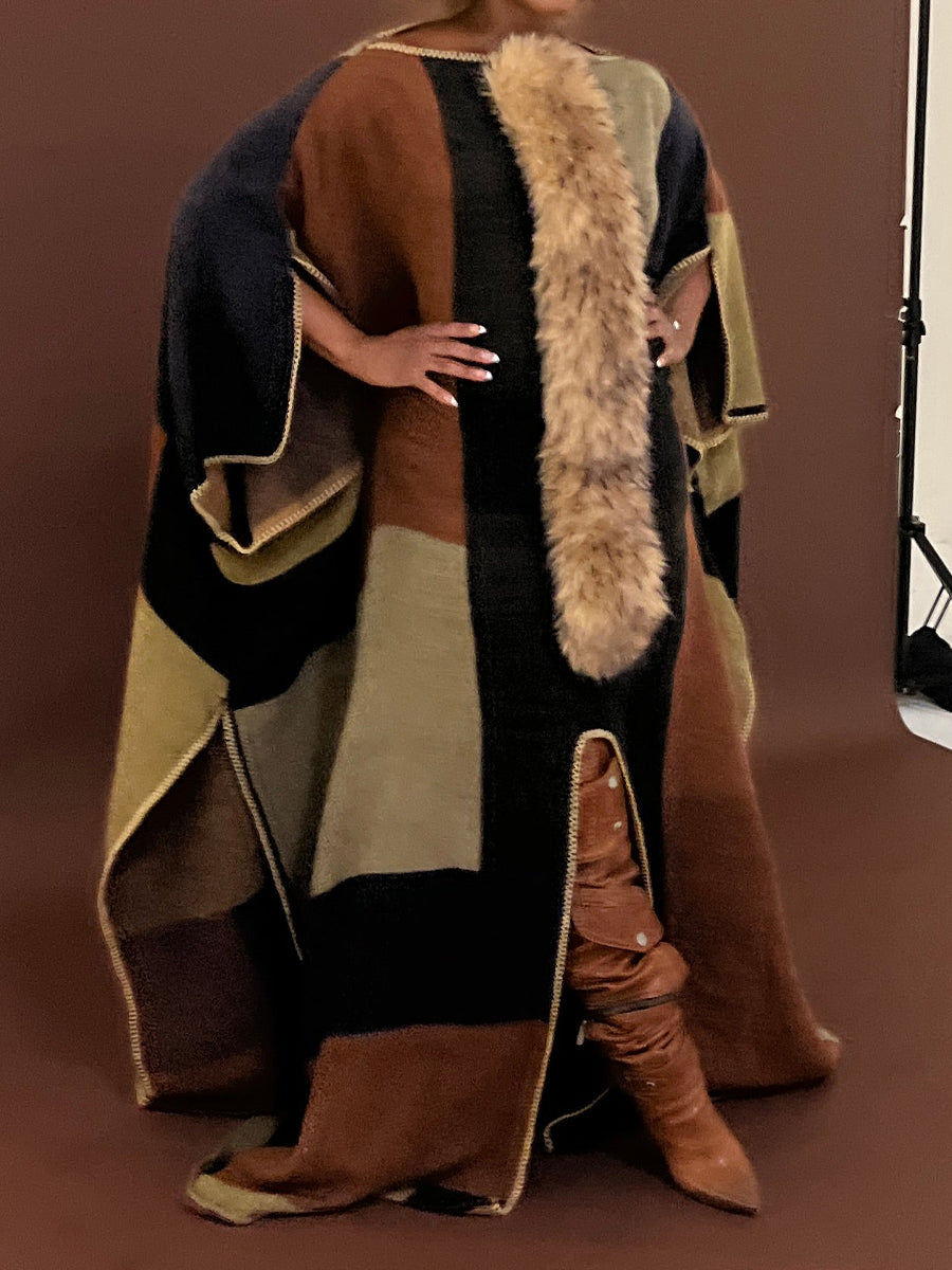 Removable Faux Fur Color Block Poncho