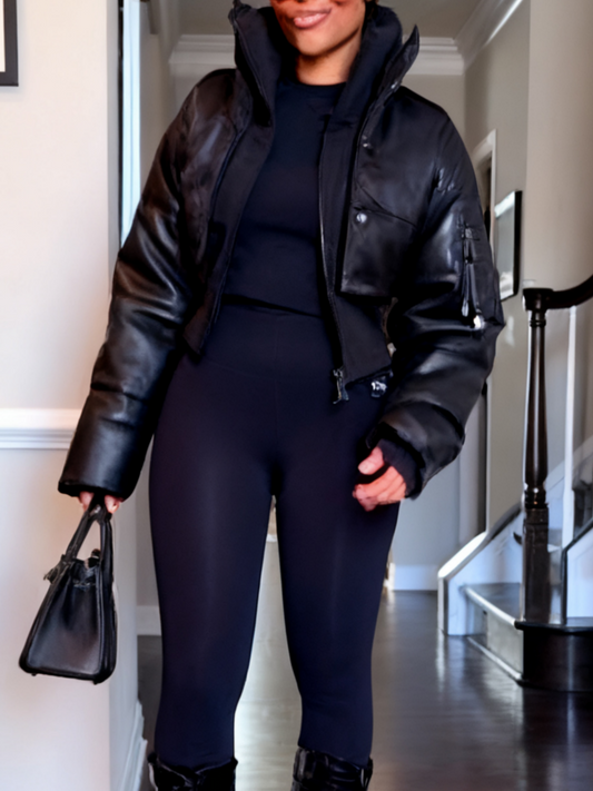 Leather and Nylon Layered Puffer Jacket