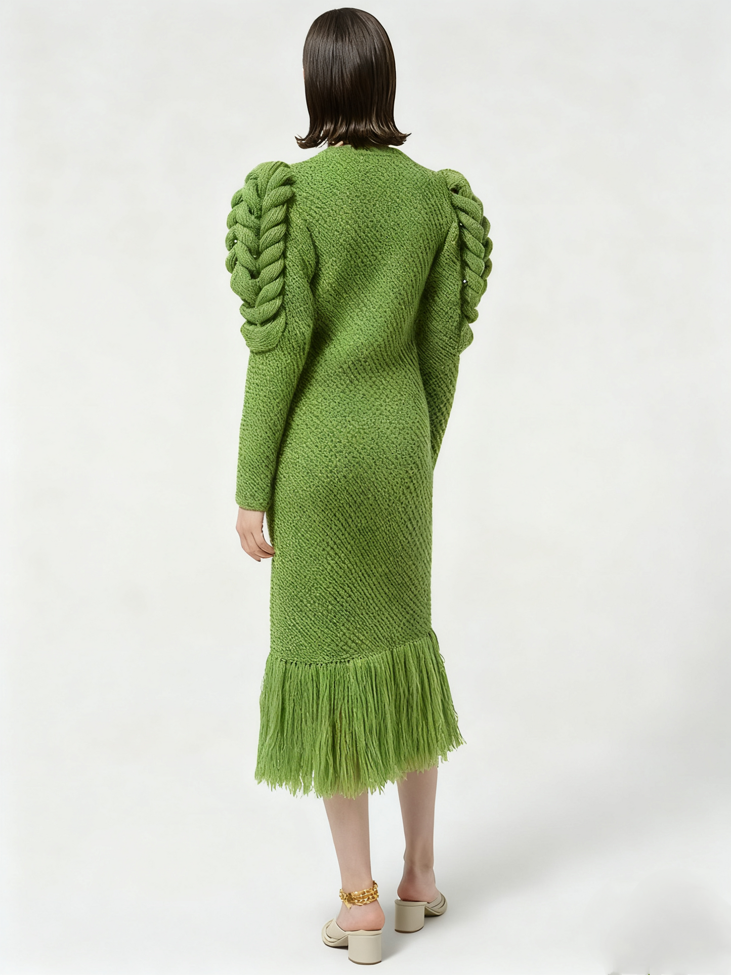 Fringe Hem Deep V Neck Statement Sleeves Dress