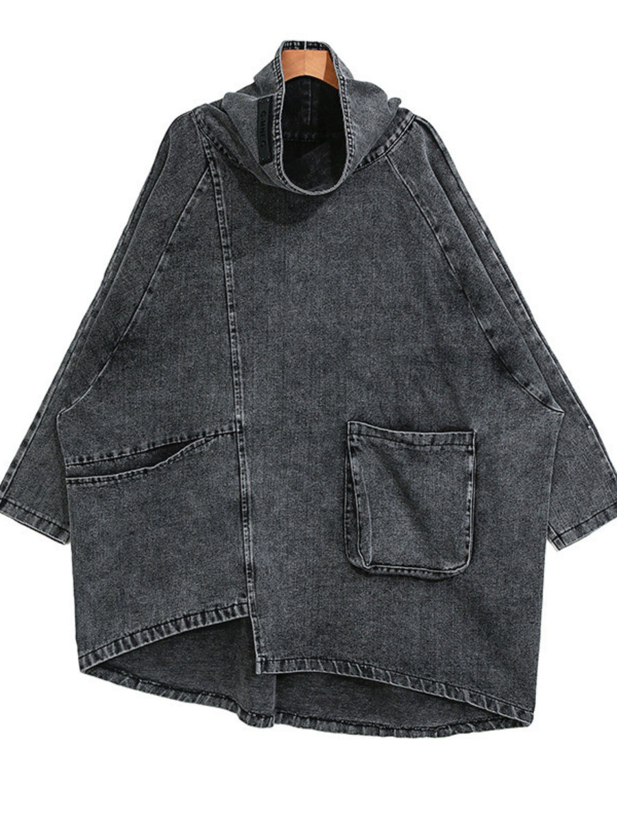 Funnel Neck Long Sleeve Irregular Denim Coat Dress