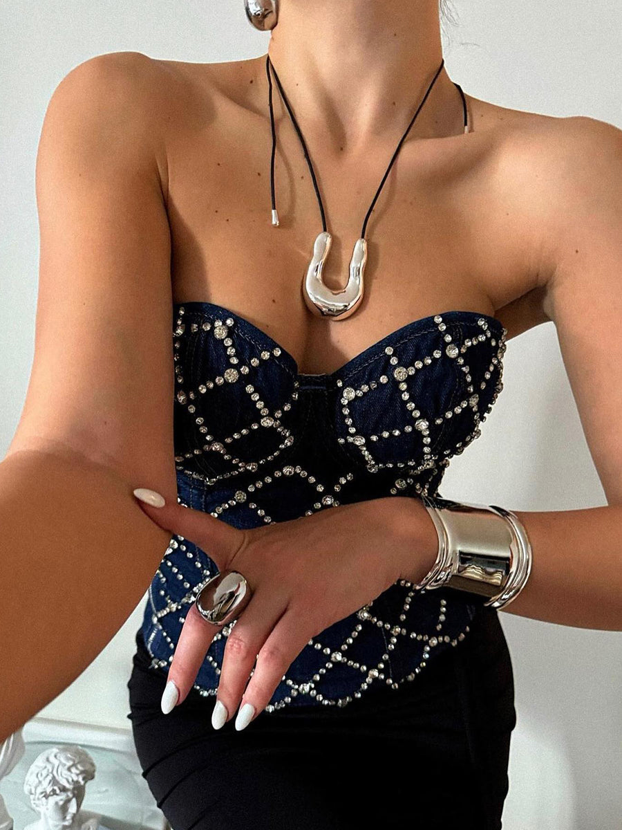 Beaded Denim Rhinestone Front Corset Top