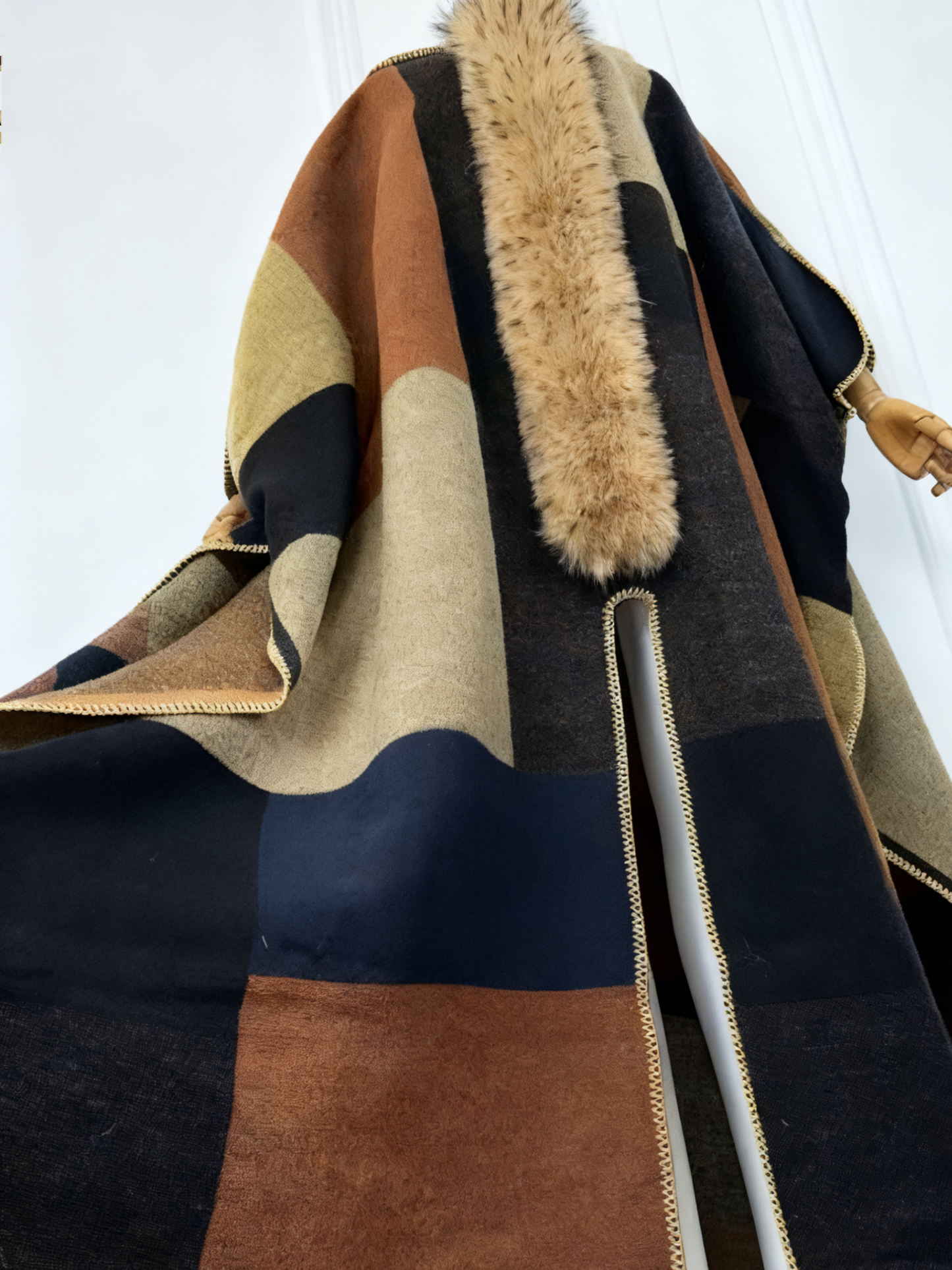 Removable Faux Fur Color Block Poncho