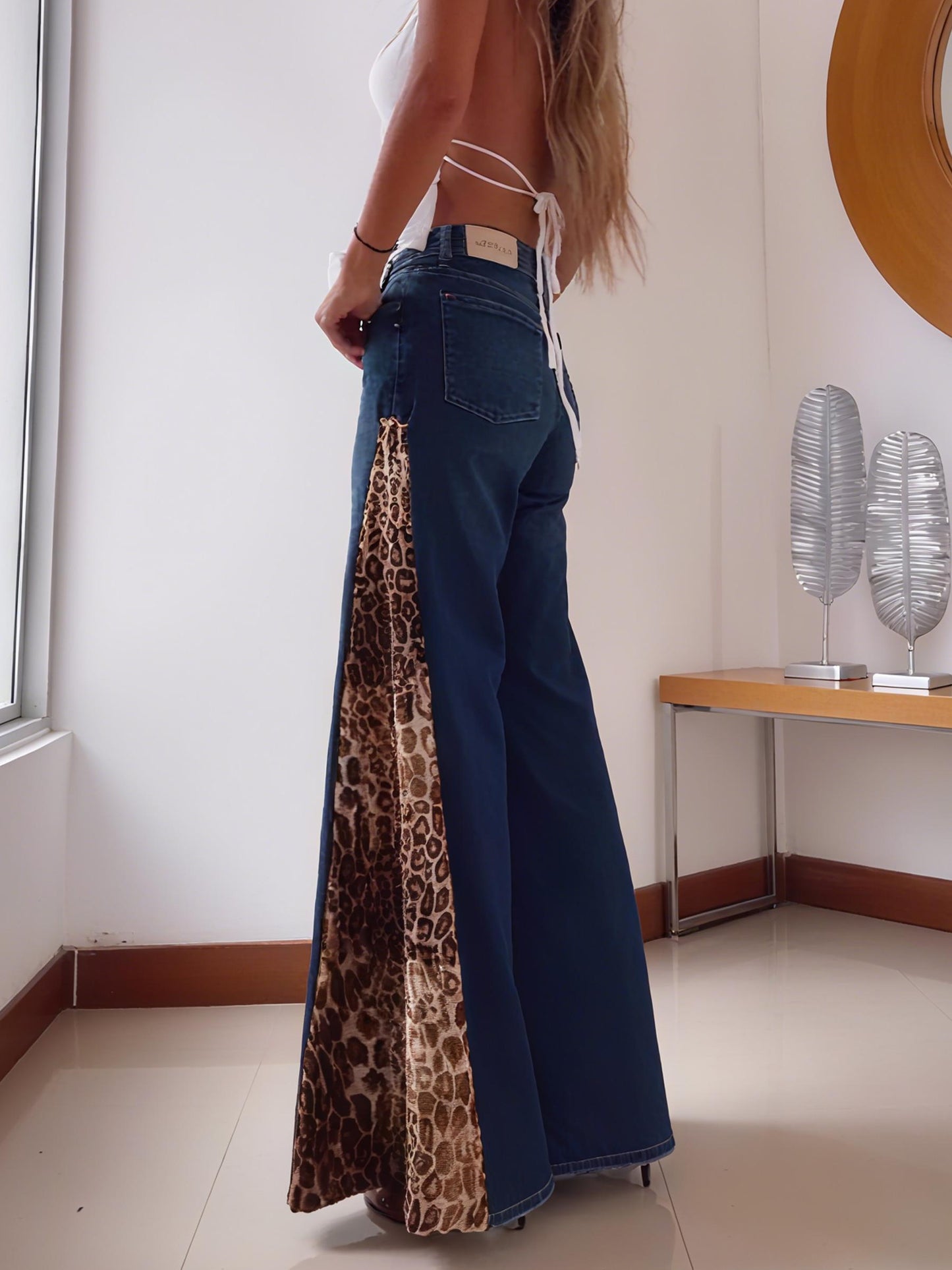 Trendy Denim Jeans with Leopard - Print Side Panels