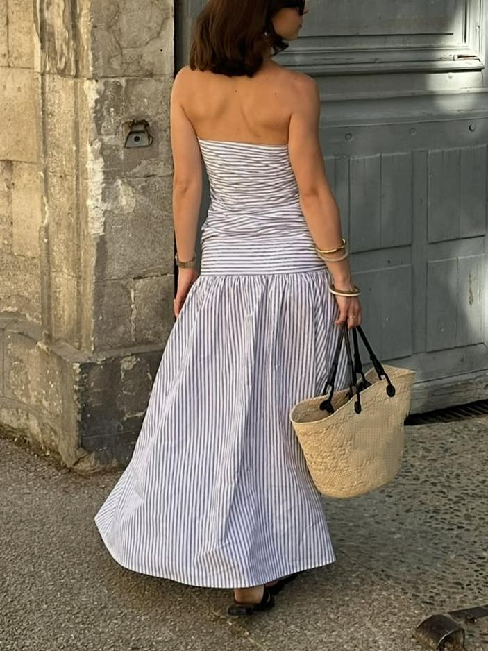 Elegant Strapless Striped Maxi Dress