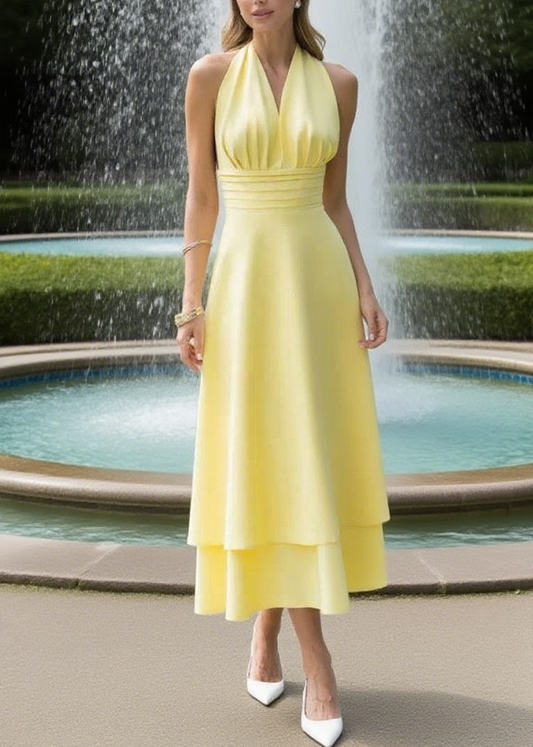Elegant Halter - neck Yellow Midi Dress