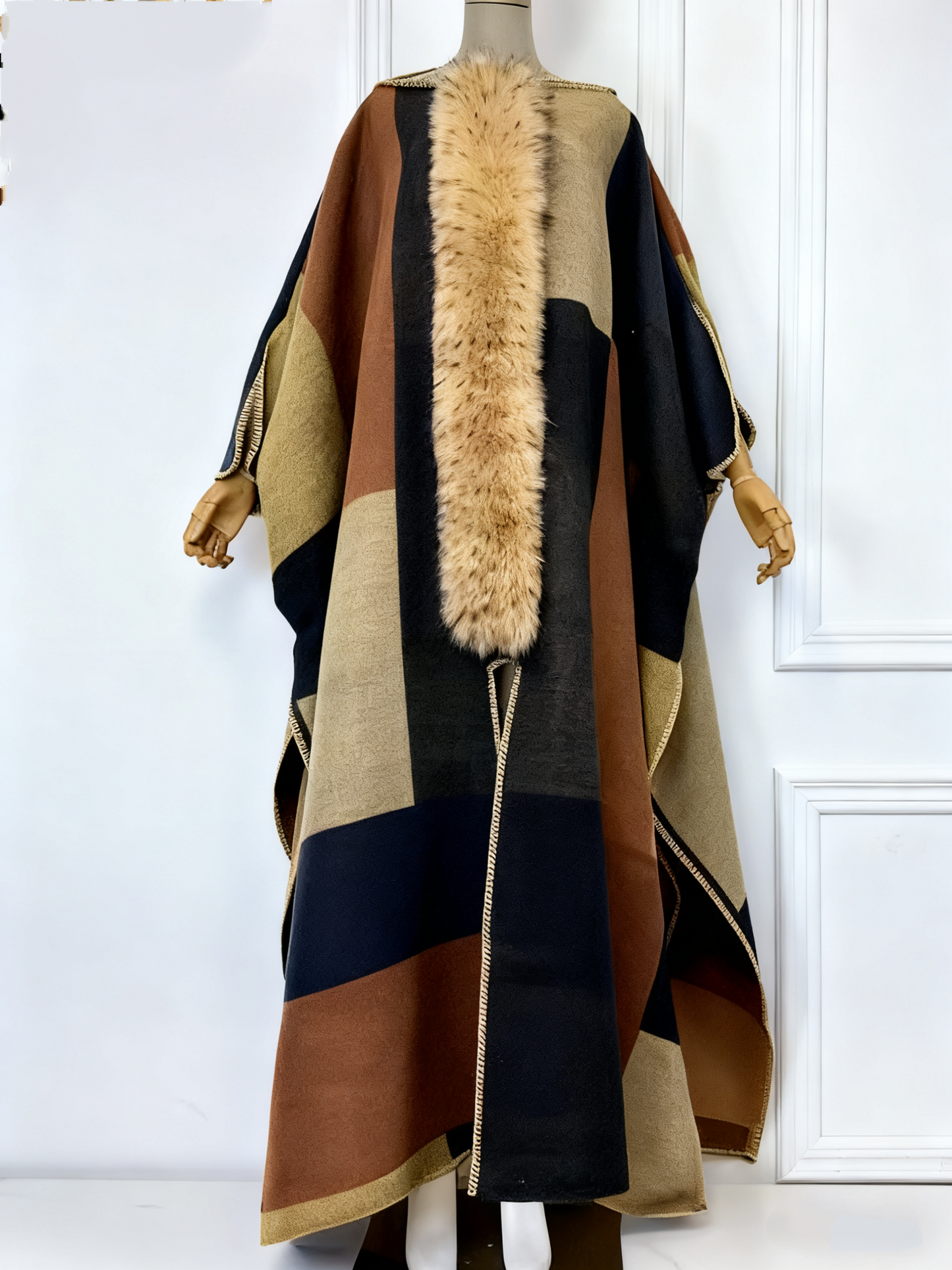 Removable Faux Fur Color Block Poncho
