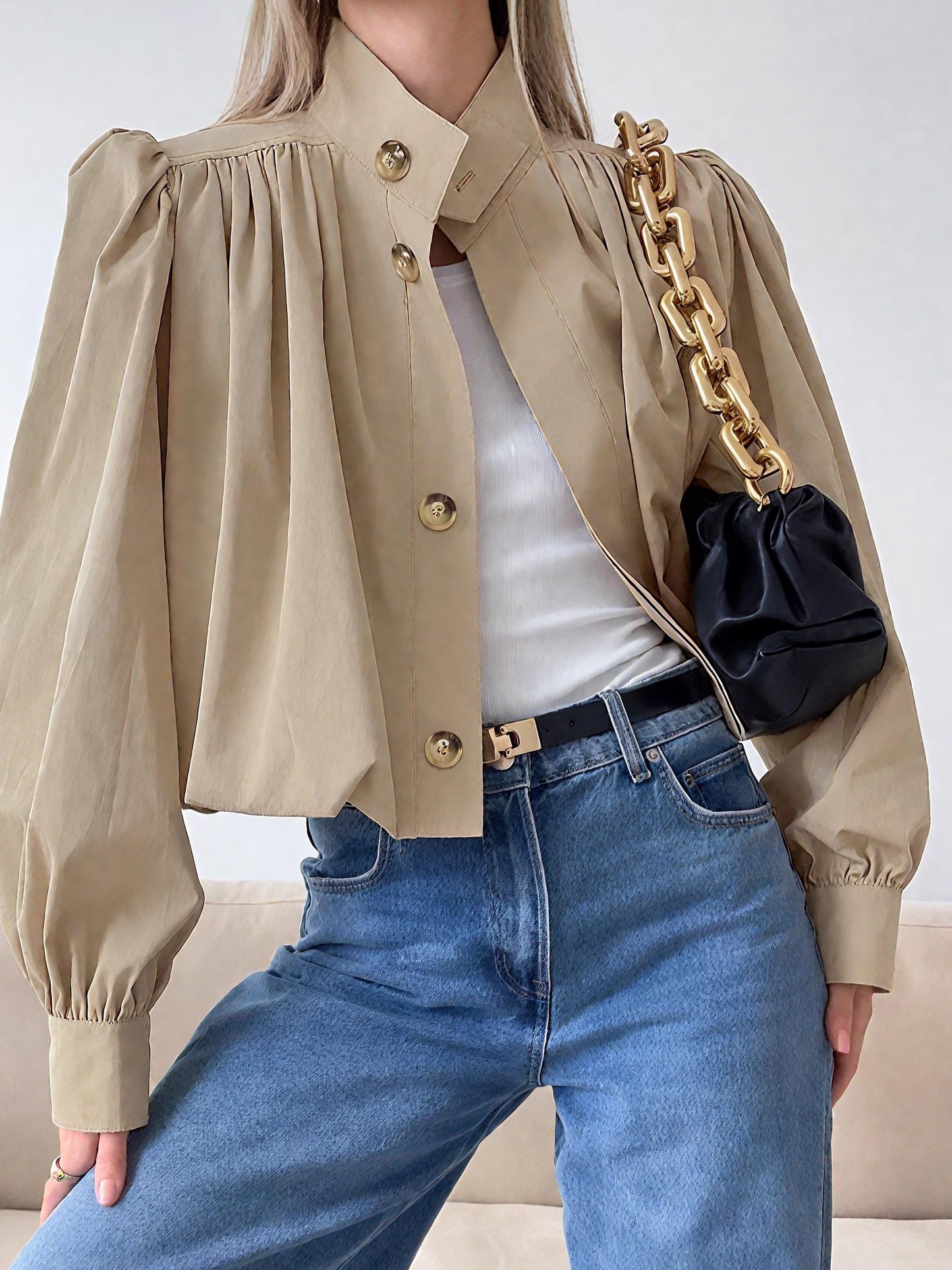 Elegant Puffed Sleeves Cropped Jacket