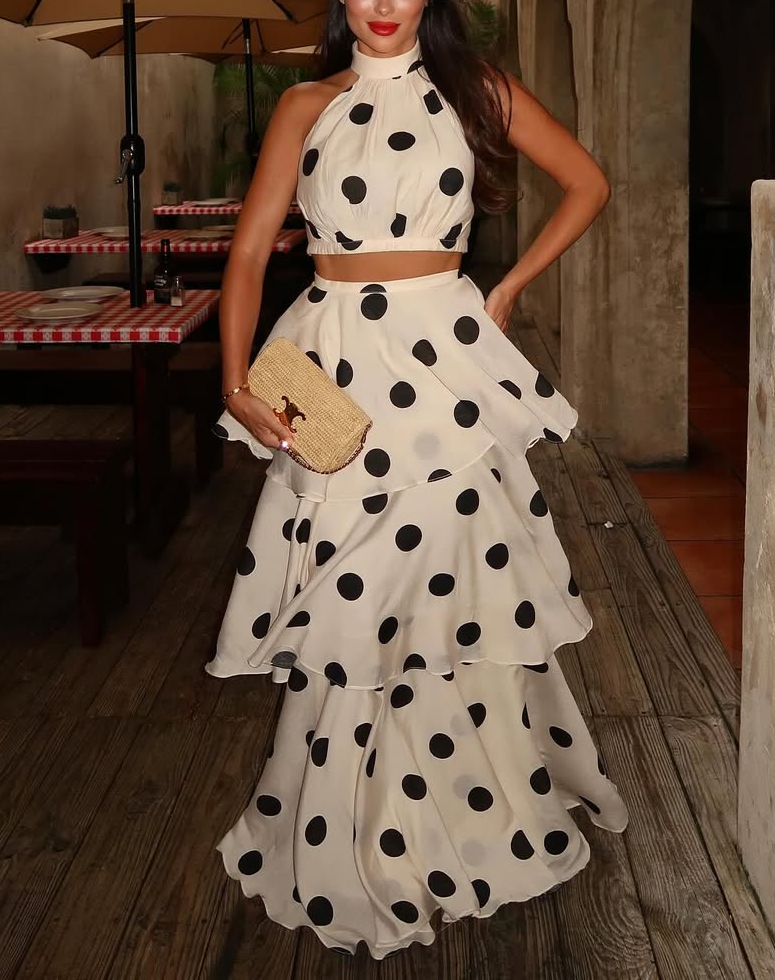 Chic Polka - dot Two - piece Skirt Set with Crop Top