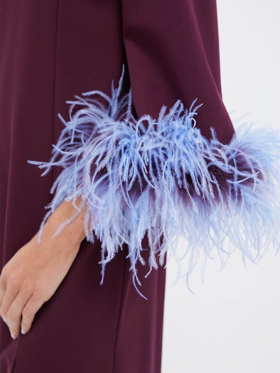 Three-quarter Length Sleeves Feather Cuffs Side Slit Dress