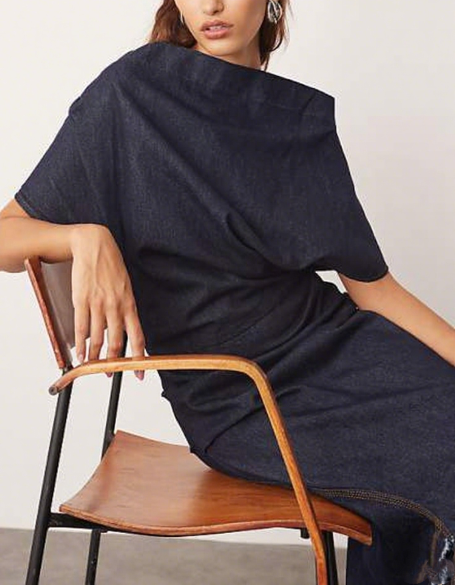 Draped Denim Maxi Dress
