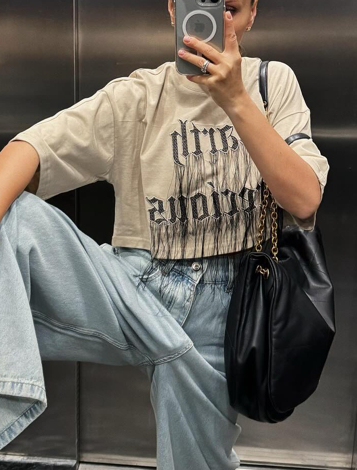 Trendy Letter Fringe Short Sleeve Top