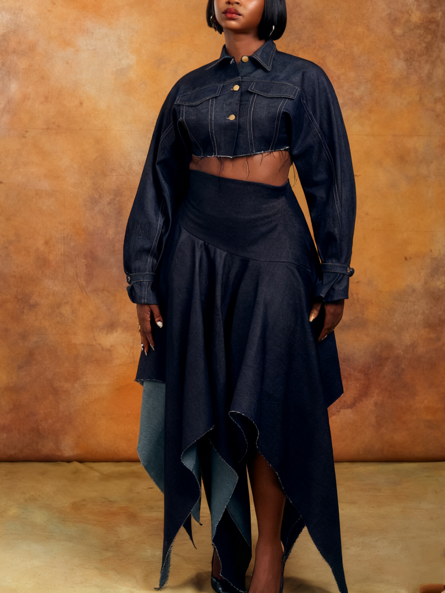 Denim Two - Piece Set: Cropped Jacket with Asymmetric Hem Skirt