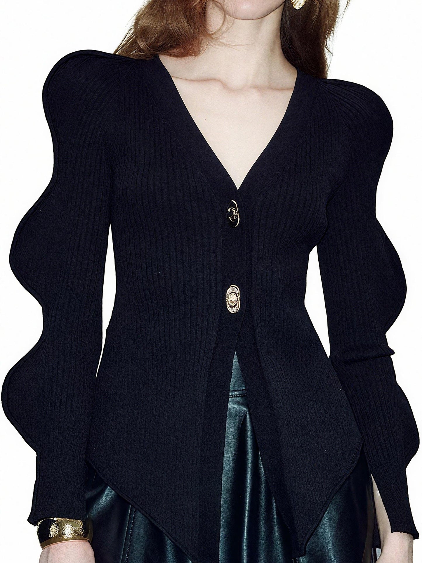 Stylish Knit Long Wave Sleeve V - Neck Cardigan