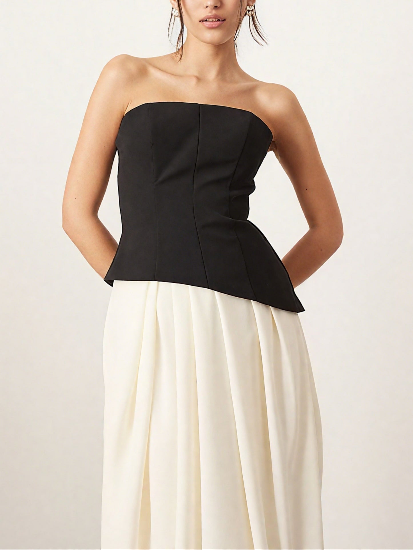 Sculpted Bandeau with Drape Tulip Skirt Midi Dress in Contrast Mono