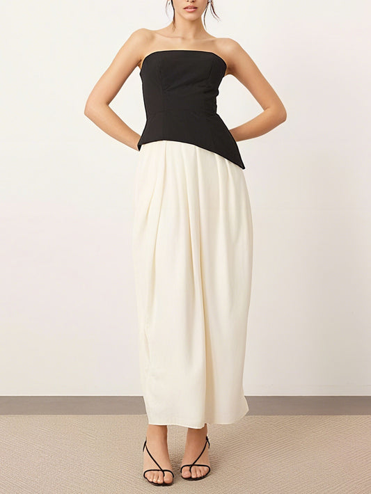 Sculpted Bandeau with Drape Tulip Skirt Midi Dress in Contrast Mono