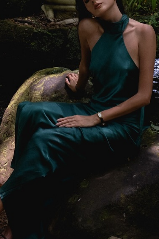 Emerald Green Silk Halter Maxi Dress