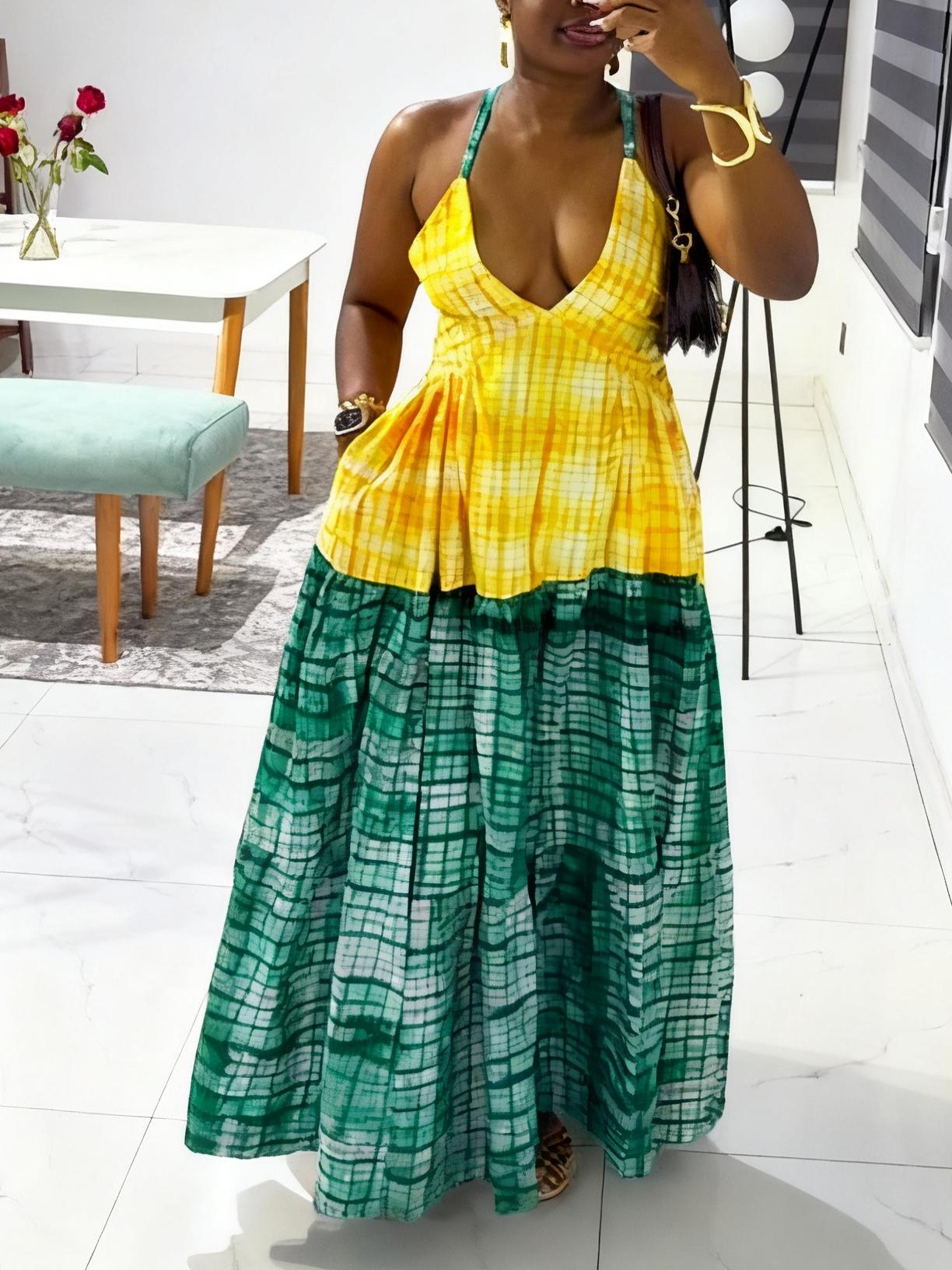 Vibrant Checkered Pattern Two - Tone Halter Dress