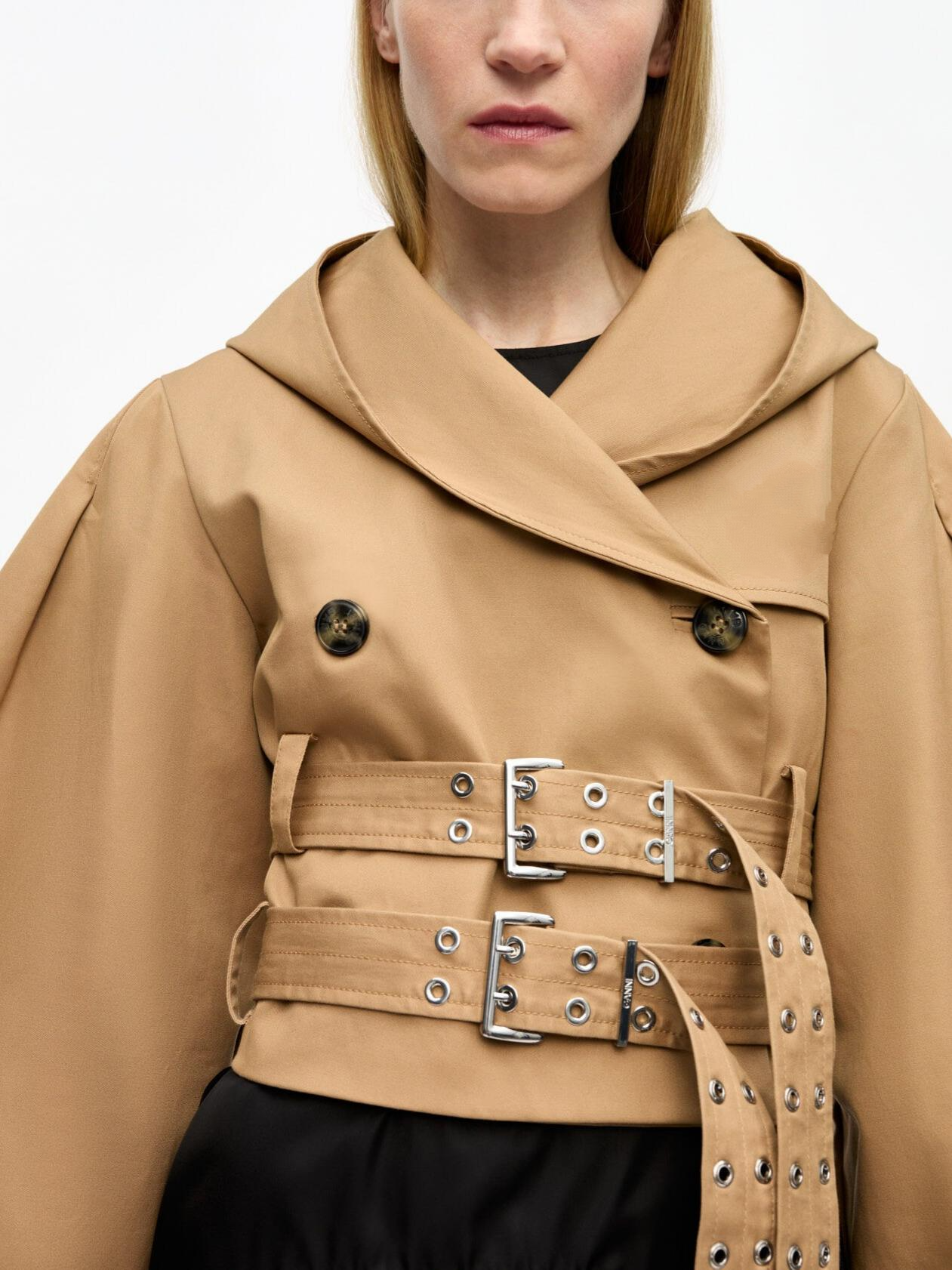 Camel Bonded Cotton Short Trench Jacket