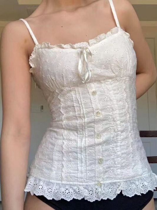 Strap Folding Waist Lace Top
