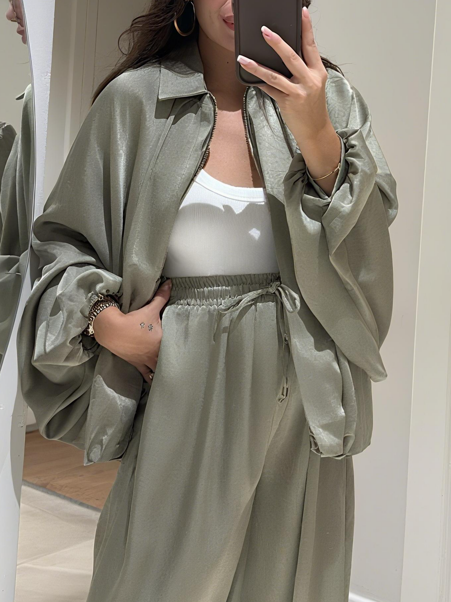 Front Zippered Bomber Satin Jacket