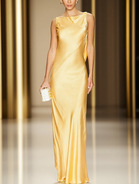 Elegant Sleeveless Golden Satin Maxi Dress
