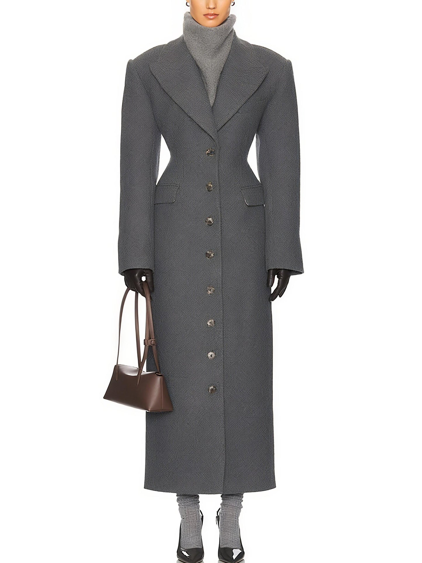 Elegant Grey Woolen Long Coat