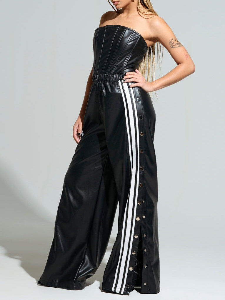 Stylish Strapless Leather Jumpsuit