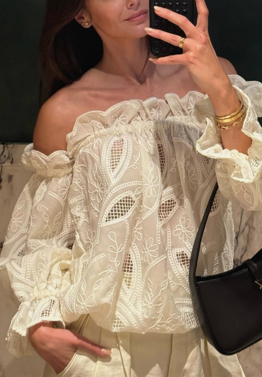 Chic White Ruffle Trim Bardot Top