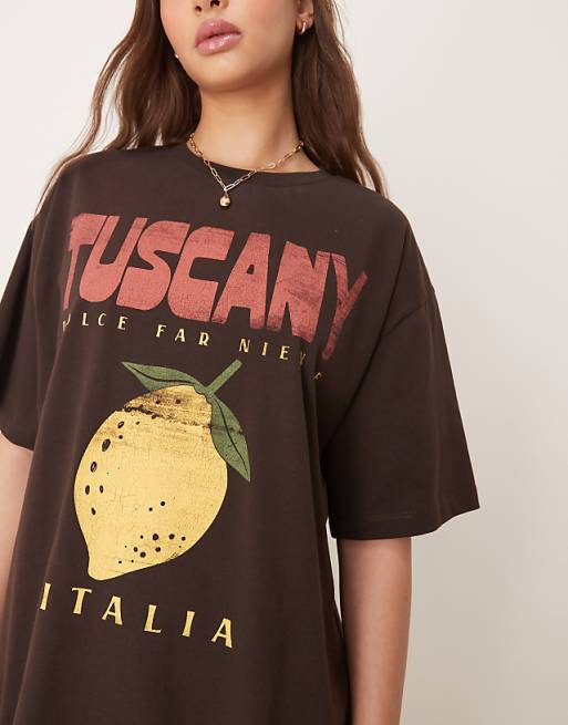 Tuscan Lemon Print Stylish Brown T - shirt