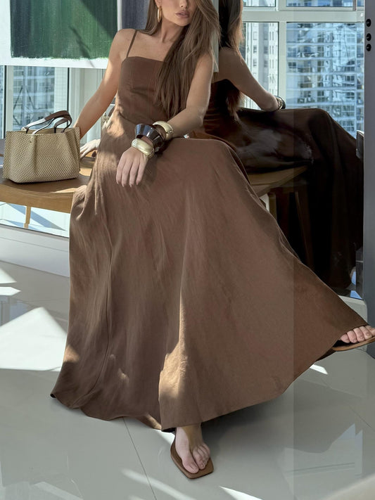 Elegant Chestnut Brown Spaghetti Strap Maxi Dress