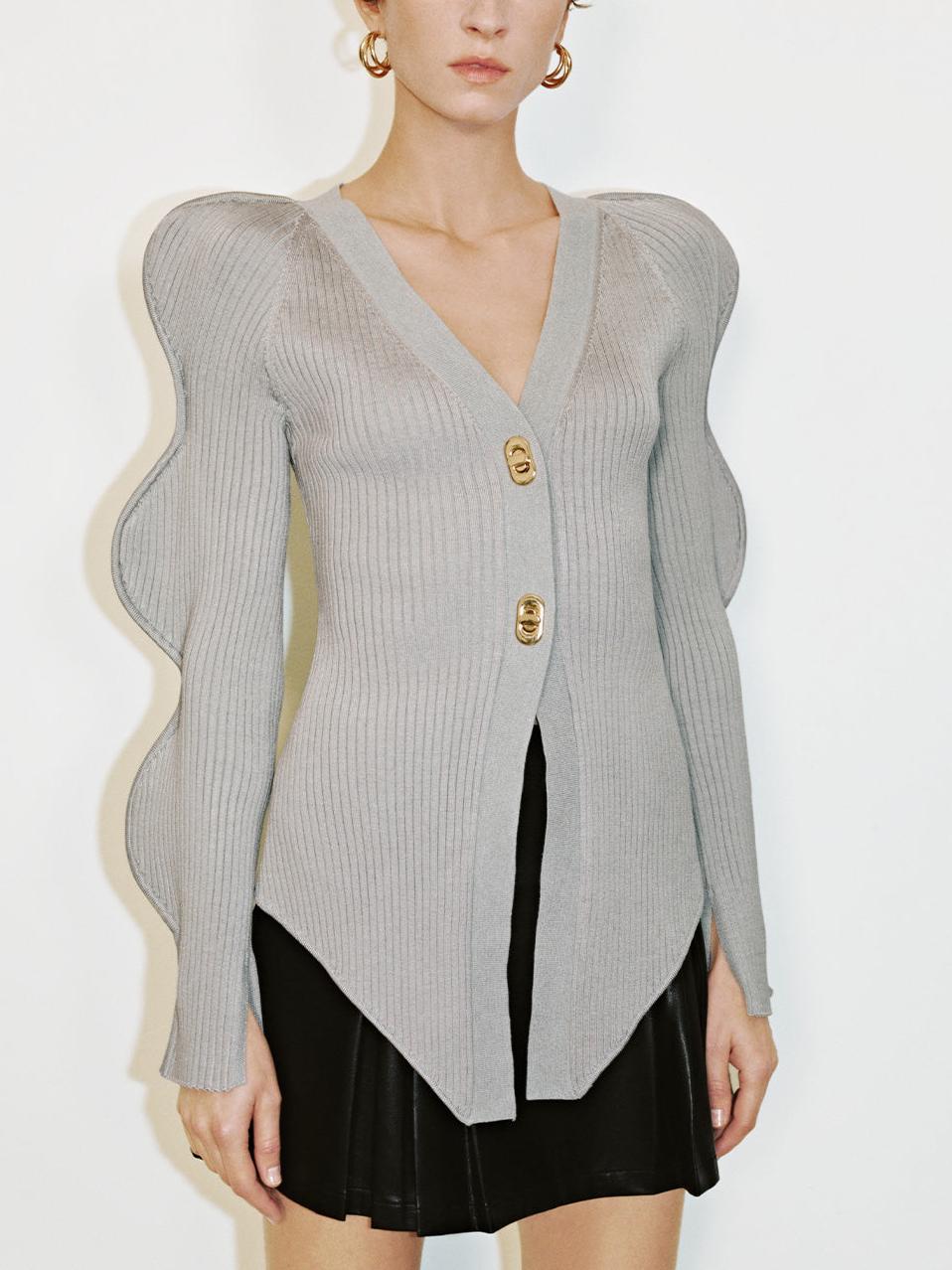 Stylish Knit Long Wave Sleeve V - Neck Cardigan