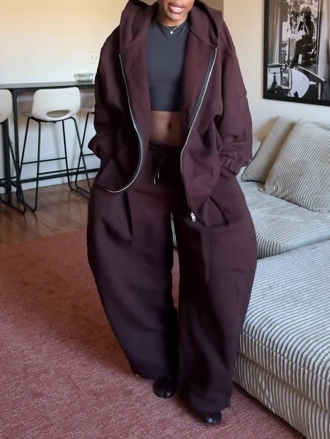 Stylish Brown Loose-Fit Athletic Two Piece Set