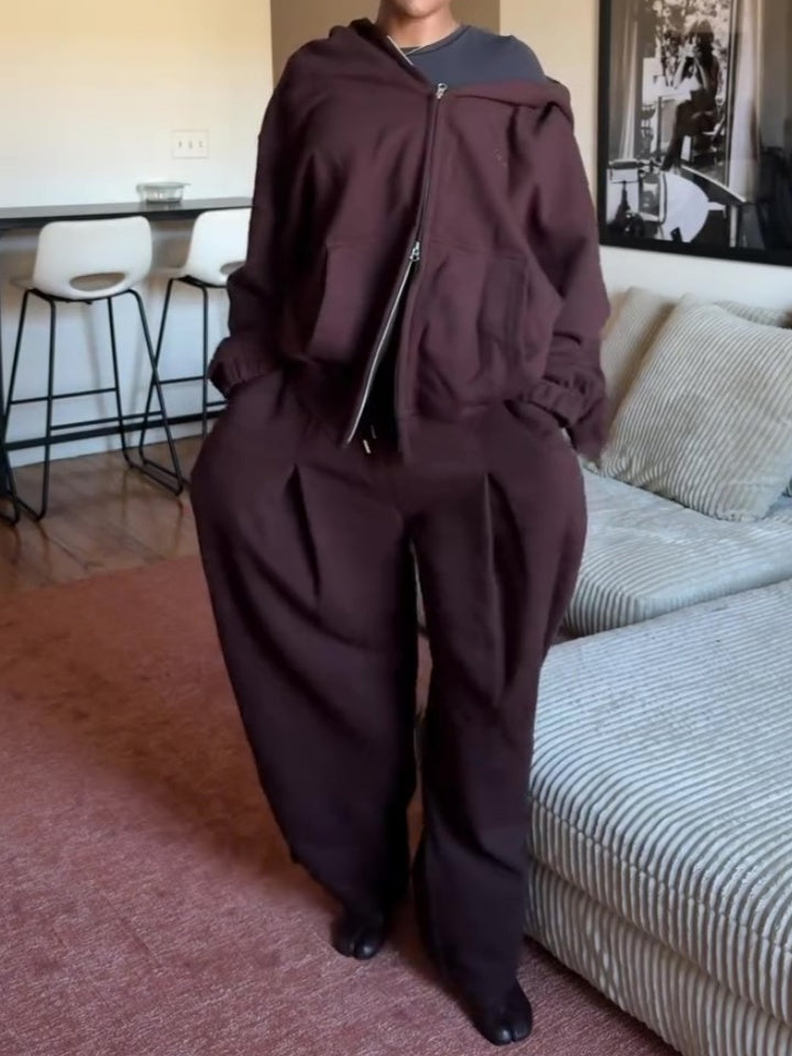 Stylish Brown Loose-Fit Athletic Two Piece Set