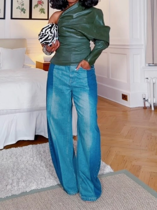 Stylish Wide - Leg Jeans with Dual - Tone Design