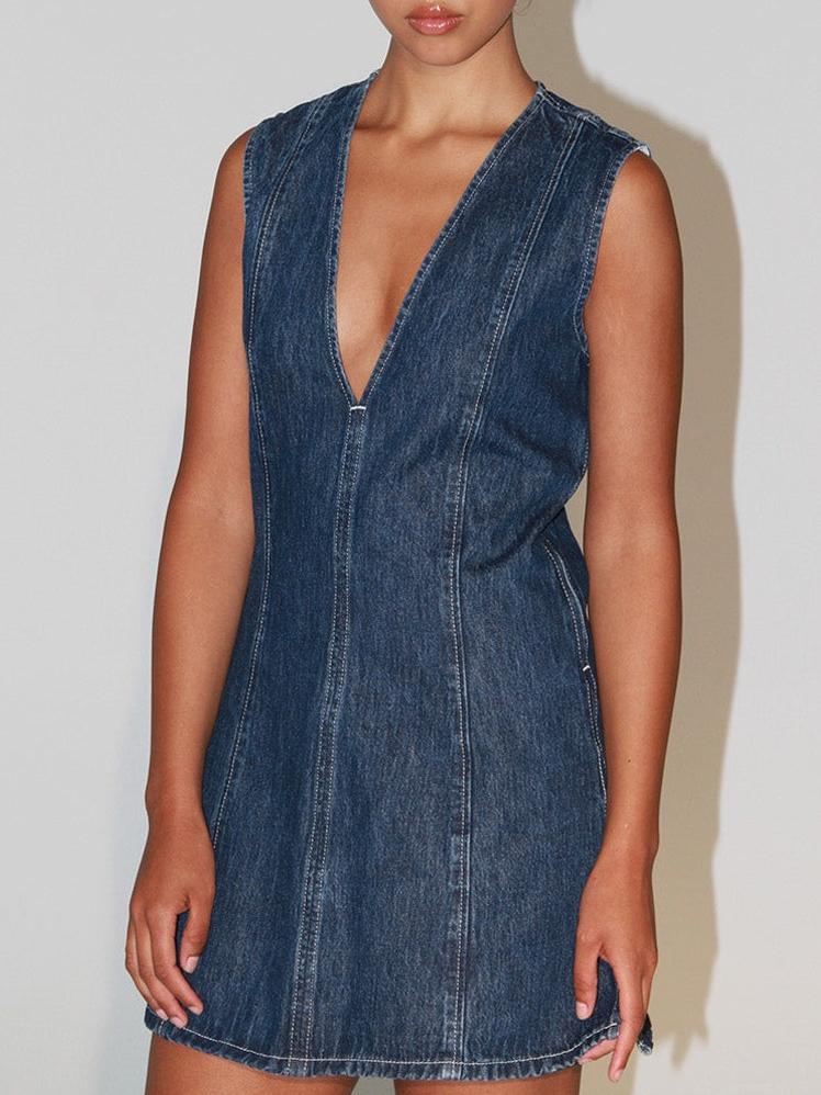 Women's Sleeveless Denim Dress with Deep V - Neckline