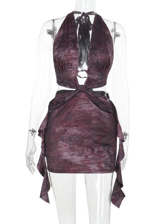 Sexy Hollow-out Printed Ruffles Halter Mini Dress