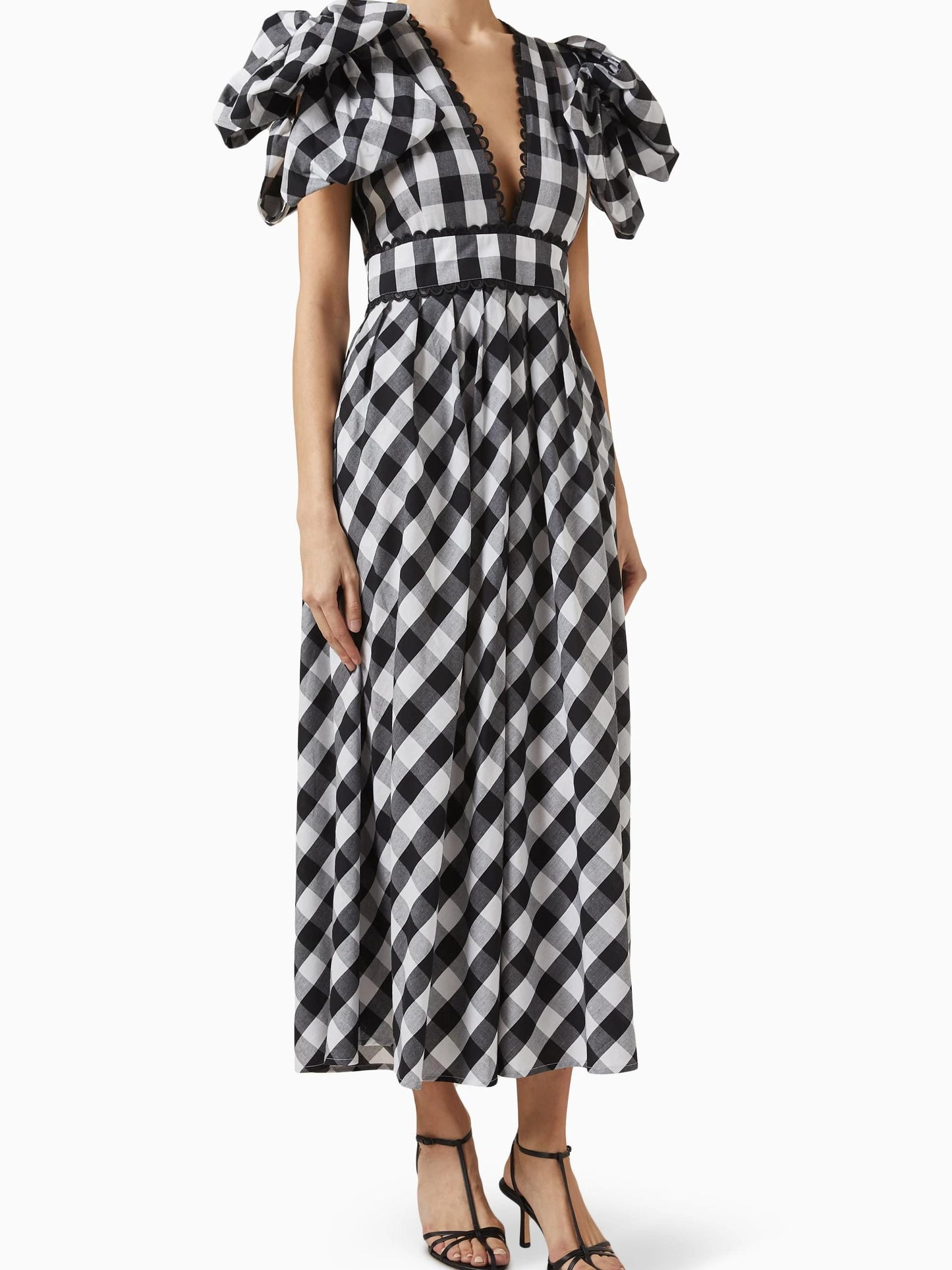 Puff Sleeves and Deep V - Neck Stylish Maxi Dress