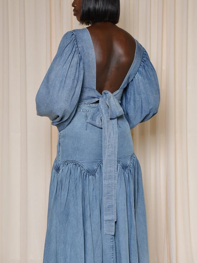 Stylish Denim Two - Piece Set with Puffed Sleeves and Ruffled Skirt