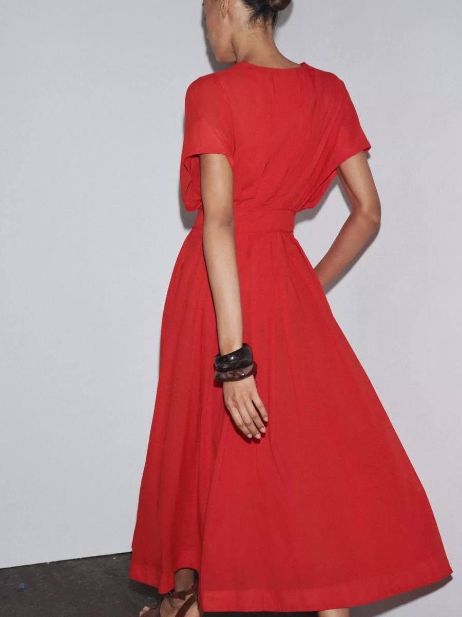 Stunning Red V - neck Maxi Dress with Slit and Tie - Waist