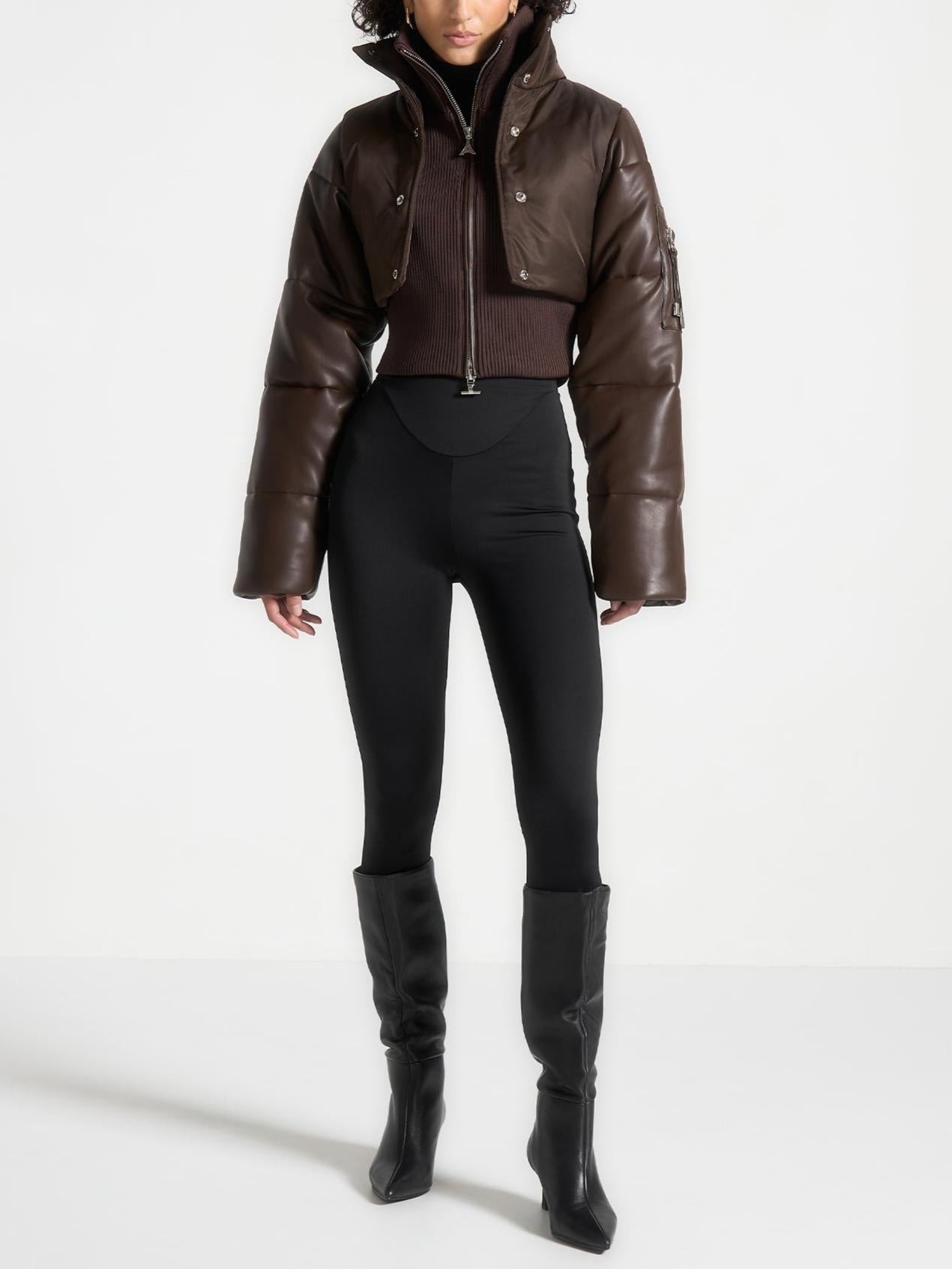 Leather and Nylon Layered Puffer Jacket