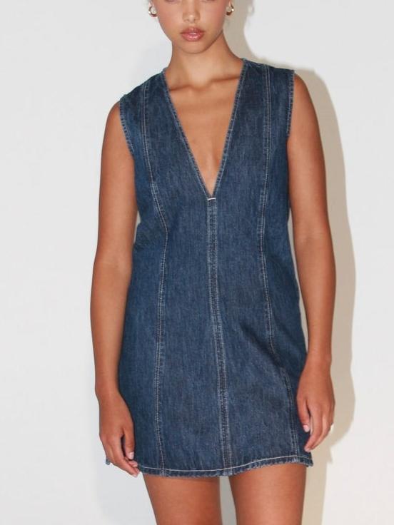 Women's Sleeveless Denim Dress with Deep V - Neckline
